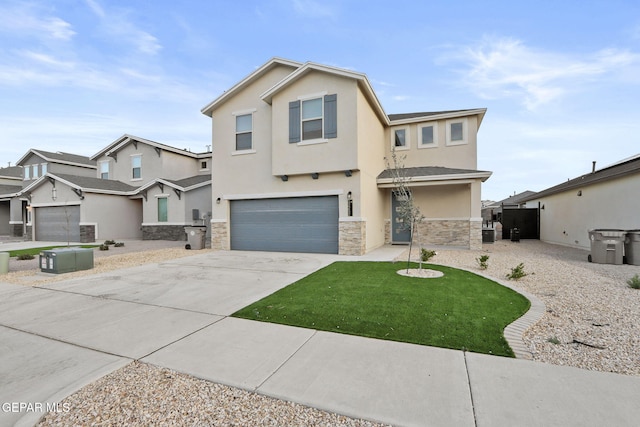 view of front facade with an attached garage, stone siding, driveway, stucco siding, and a front lawn