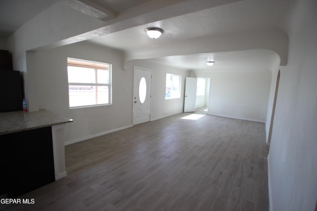 foyer with baseboards and wood finished floors