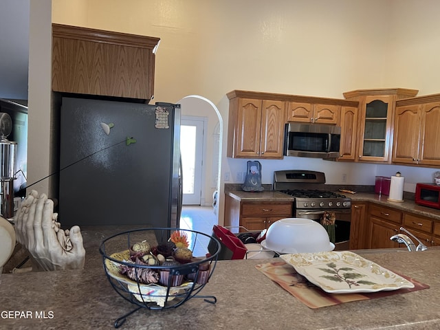 225 Peyton Rd, El Paso, TX 79928 - kitchen with stainless steel appliances, brown cabinetry, glass insert cabinets, a high ceiling, and dark countertops