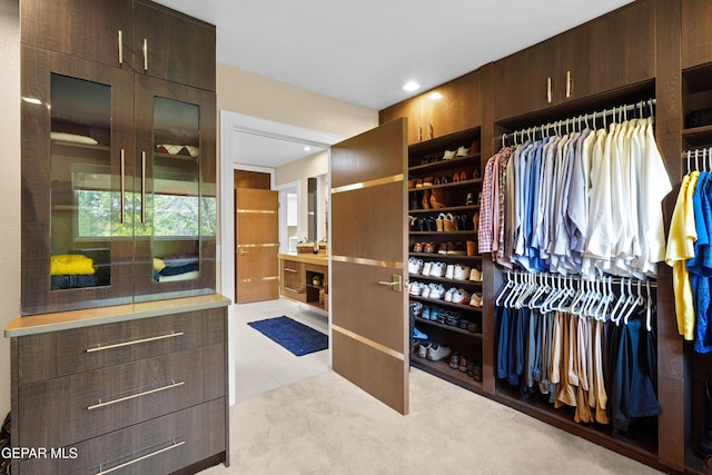 walk in closet with light carpet