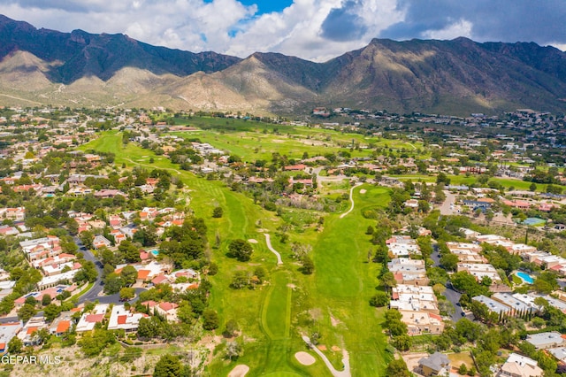 bird's eye view with a residential view, a mountain view, and golf course view