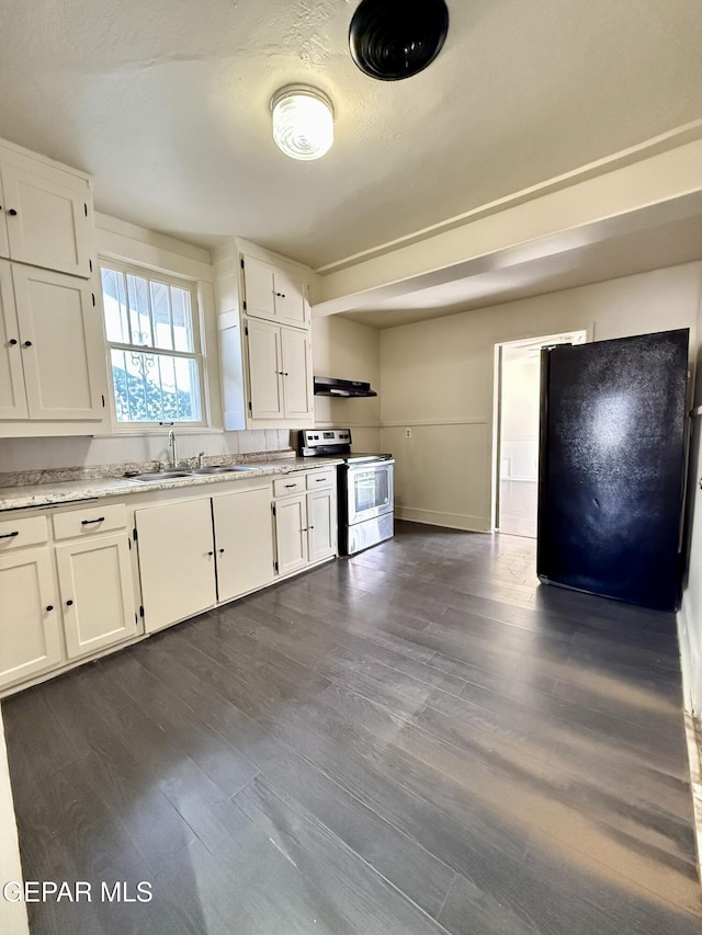 kitchen with under cabinet range hood, dark wood-style flooring, a sink, electric stove, and freestanding refrigerator