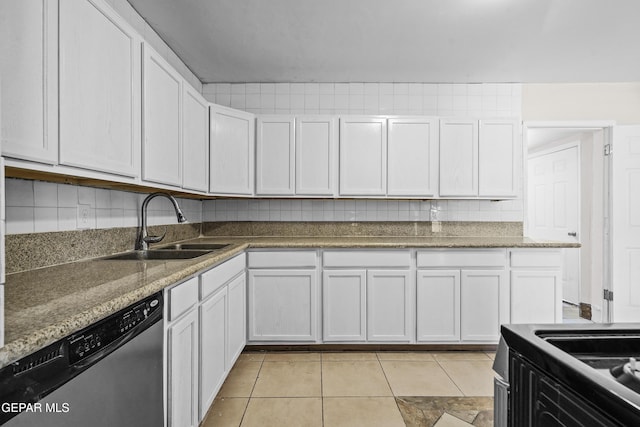 kitchen featuring tasteful backsplash, a sink, white cabinetry, and stainless steel dishwasher