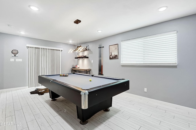 game room with baseboards, pool table, recessed lighting, and light wood-style floors