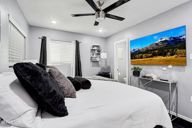 bedroom featuring a ceiling fan and recessed lighting