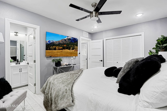 bedroom featuring visible vents, a ceiling fan, ensuite bath, a closet, and recessed lighting