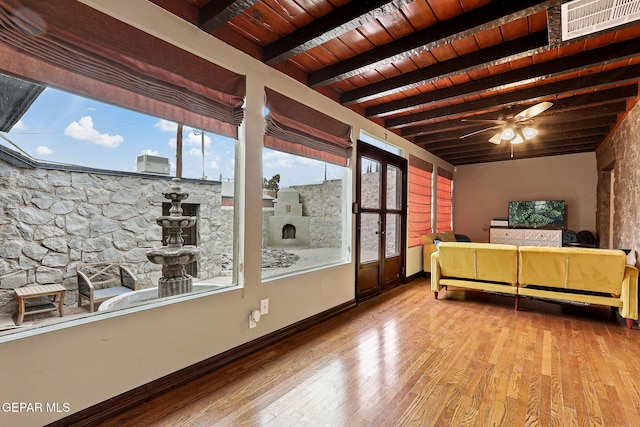 unfurnished bedroom with wood finished floors, wood ceiling, visible vents, baseboards, and beam ceiling