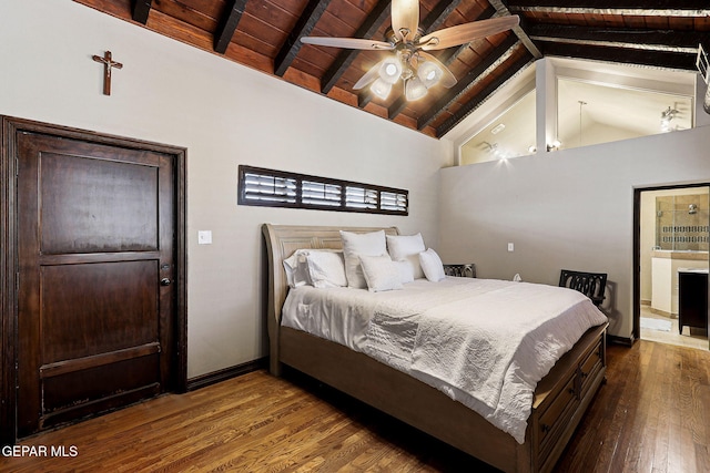 bedroom with lofted ceiling with beams, wood ceiling, ceiling fan, wood finished floors, and baseboards