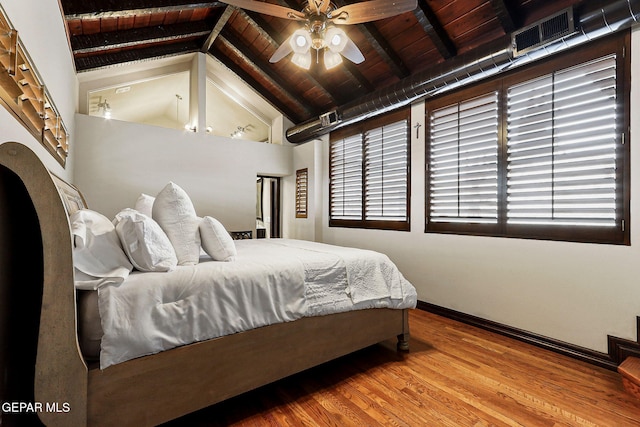 bedroom featuring lofted ceiling with beams, wood finished floors, visible vents, wood ceiling, and baseboards