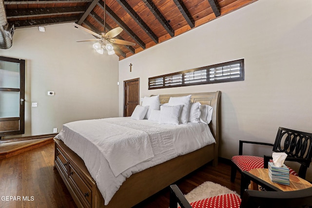 bedroom with high vaulted ceiling, beamed ceiling, wooden ceiling, and hardwood / wood-style flooring