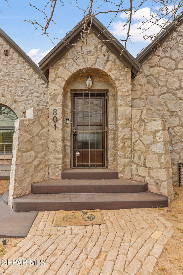 doorway to property featuring stone siding