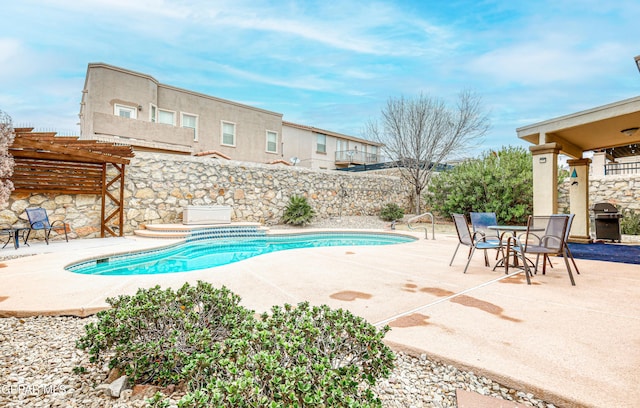 view of pool featuring a fenced in pool, a grill, a patio, and fence