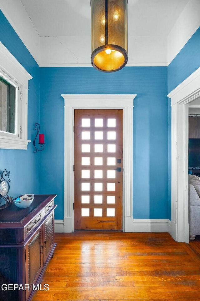 foyer featuring baseboards and wood finished floors