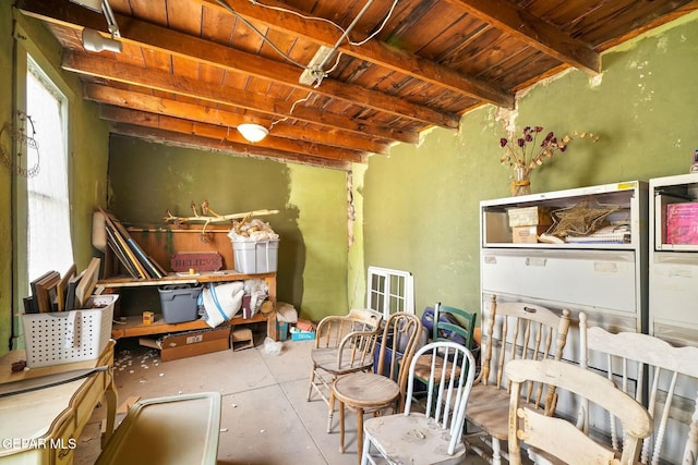 interior space with wooden ceiling and beamed ceiling