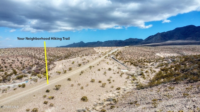 aerial view featuring a mountain view and view of desert