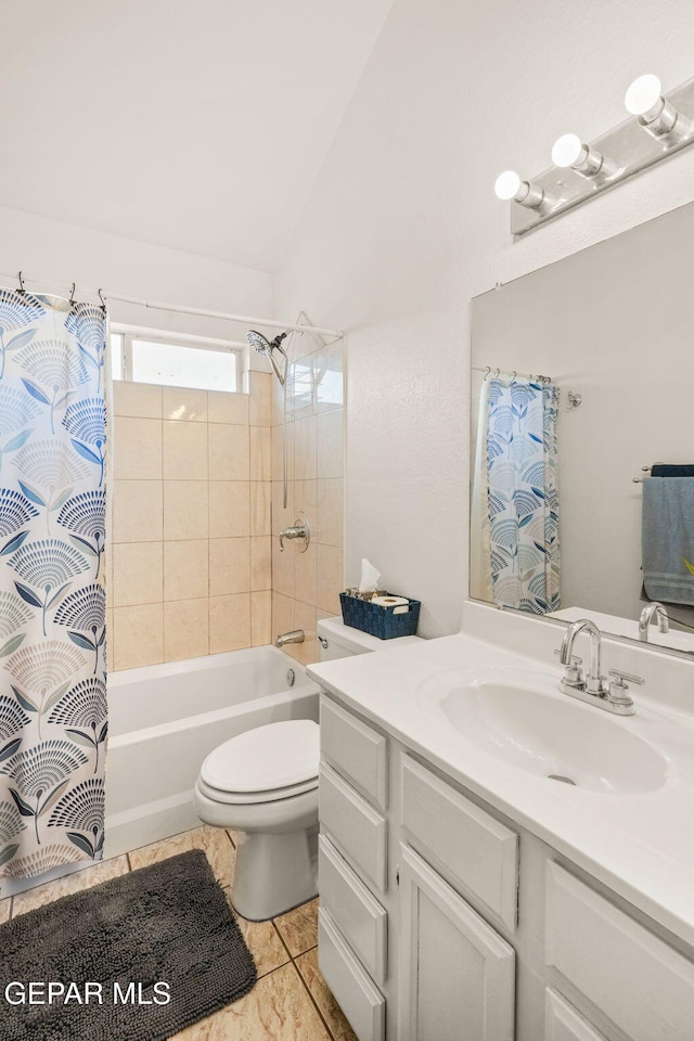 bathroom featuring shower / bath combo with shower curtain, lofted ceiling, toilet, and vanity