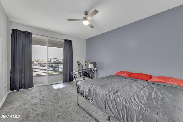 carpeted bedroom featuring a ceiling fan, access to outside, and baseboards