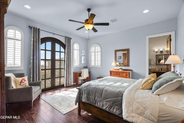 bedroom featuring visible vents, wood finished floors, recessed lighting, french doors, and access to exterior