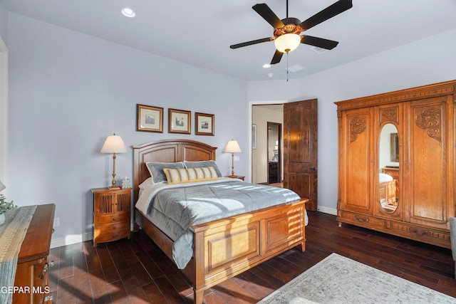 bedroom featuring visible vents, baseboards, recessed lighting, a ceiling fan, and dark wood-style flooring