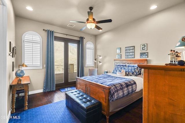 bedroom featuring access to exterior, visible vents, hardwood / wood-style floors, recessed lighting, and french doors