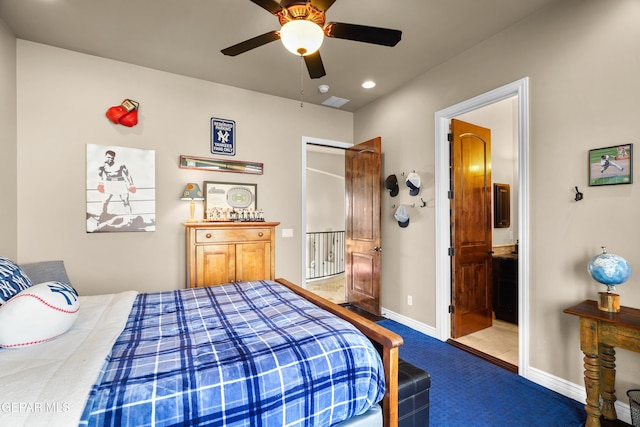 carpeted bedroom with a ceiling fan, recessed lighting, baseboards, and connected bathroom