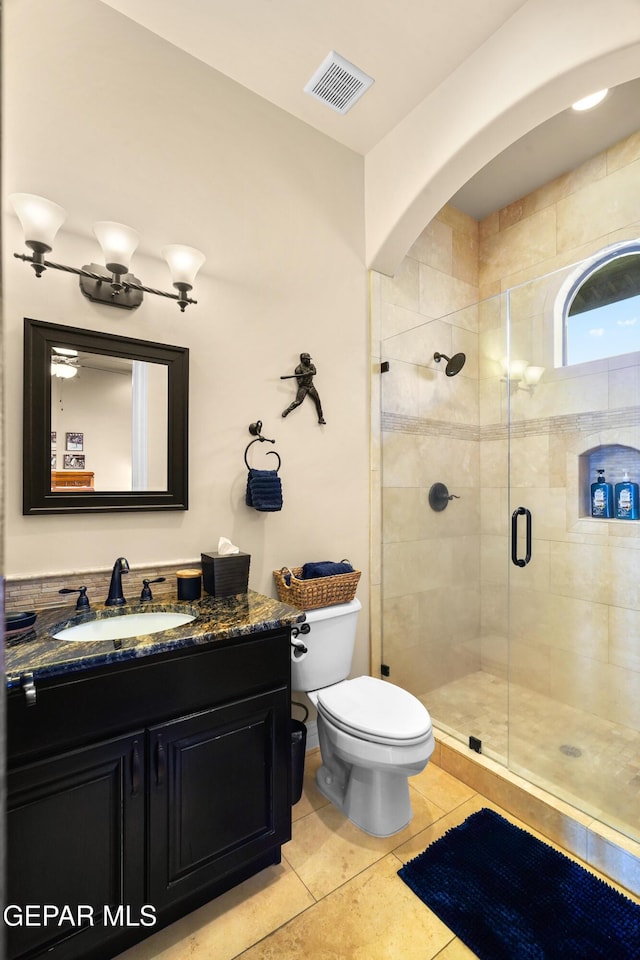 bathroom featuring vanity, visible vents, a stall shower, tile patterned flooring, and toilet