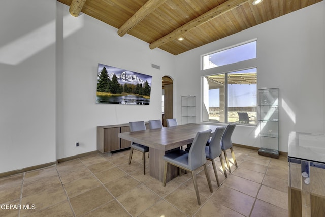 dining space with visible vents, arched walkways, baseboards, wooden ceiling, and beam ceiling