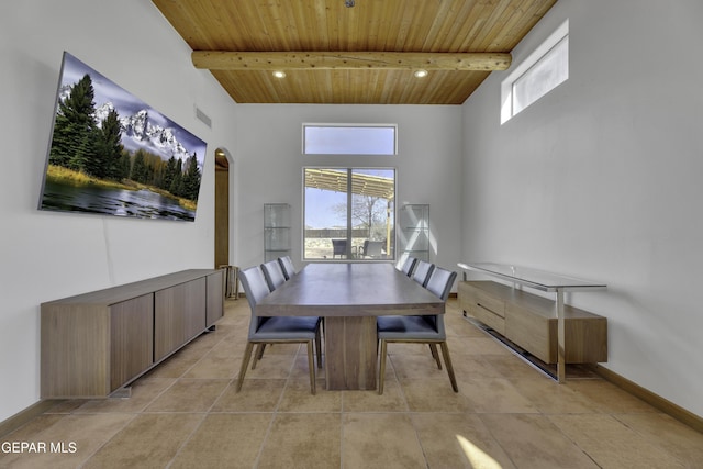 dining room featuring wood ceiling, baseboards, beam ceiling, and light tile patterned floors