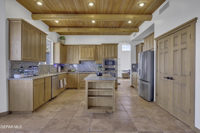 kitchen featuring light tile patterned flooring, stainless steel appliances, a sink, visible vents, and open shelves