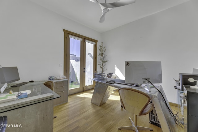 office space with ceiling fan and light wood-type flooring