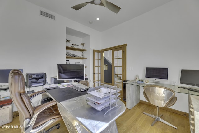 office area featuring ceiling fan, recessed lighting, wood finished floors, visible vents, and french doors