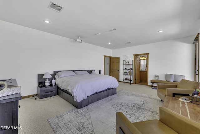 bedroom featuring recessed lighting, baseboards, visible vents, and carpet flooring