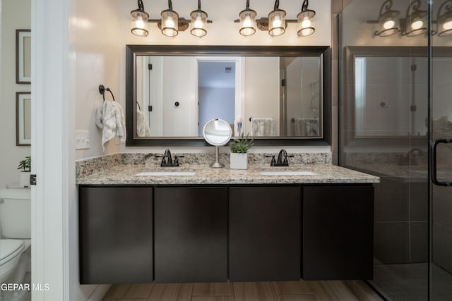 bathroom featuring toilet, a shower stall, double vanity, and a sink