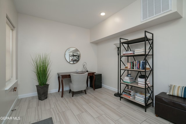 office area featuring visible vents, baseboards, and recessed lighting