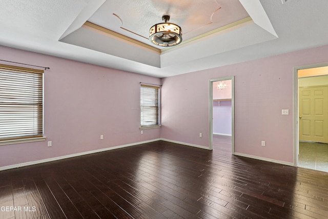 empty room featuring a tray ceiling, baseboards, and wood-type flooring