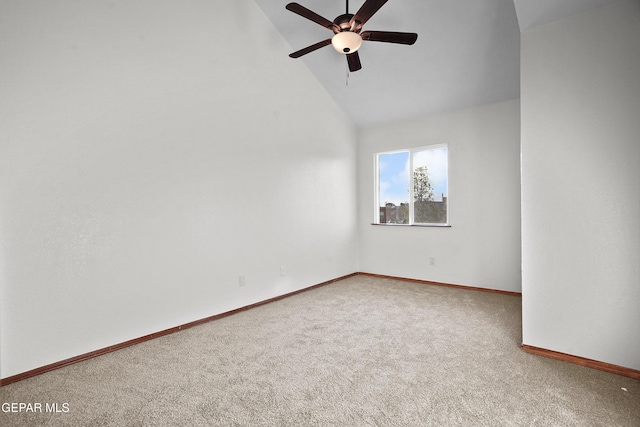 unfurnished room with a ceiling fan, baseboards, carpet, and high vaulted ceiling