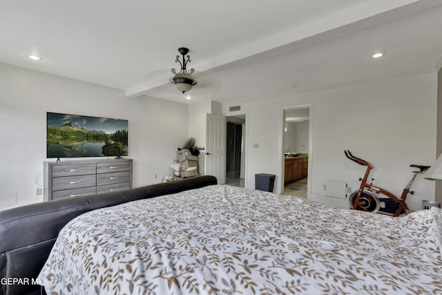 bedroom featuring a ceiling fan, beamed ceiling, visible vents, and recessed lighting