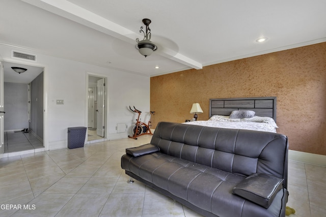 bedroom featuring light tile patterned floors, baseboards, visible vents, an accent wall, and beamed ceiling