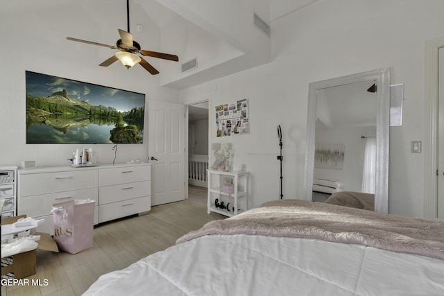 bedroom featuring light wood finished floors, visible vents, and a ceiling fan