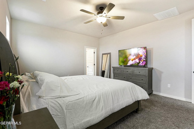 bedroom featuring dark colored carpet, visible vents, ceiling fan, and baseboards