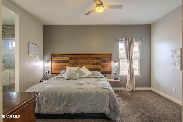 bedroom with dark carpet, baseboards, and ceiling fan