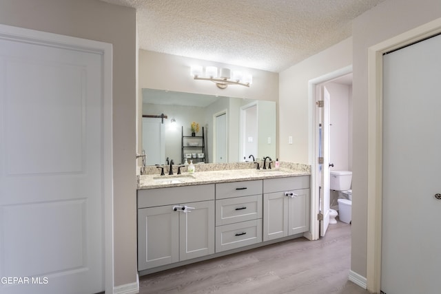 full bathroom featuring a textured ceiling, double vanity, wood finished floors, and a sink