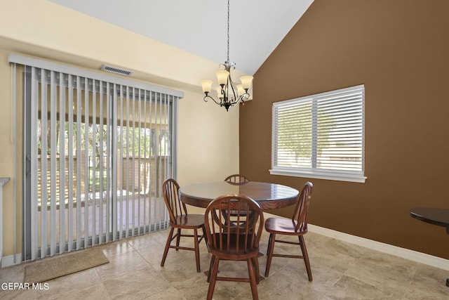 tiled dining area featuring lofted ceiling, a notable chandelier, visible vents, and a wealth of natural light