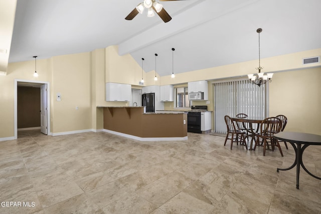 kitchen featuring a peninsula, visible vents, baseboards, black appliances, and beamed ceiling