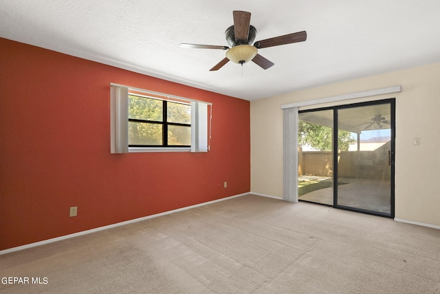 spare room featuring plenty of natural light, a textured ceiling, baseboards, and carpet flooring