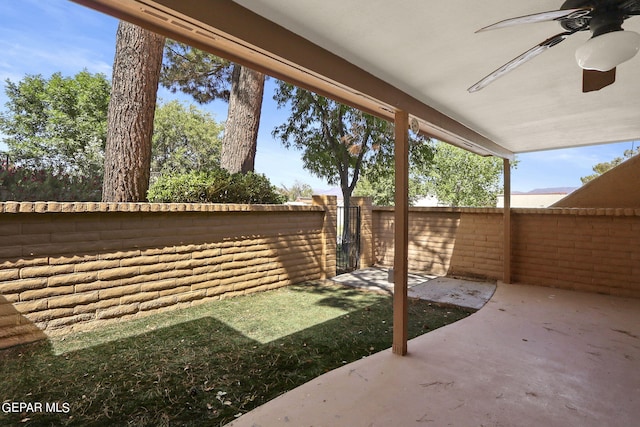 view of yard with a patio area, a fenced backyard, and a gate