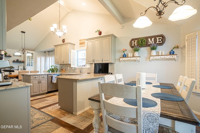 kitchen featuring a peninsula, dishwasher, tasteful backsplash, decorative light fixtures, and an inviting chandelier