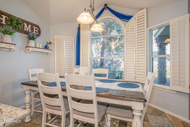 dining area featuring lofted ceiling, baseboards, and a healthy amount of sunlight