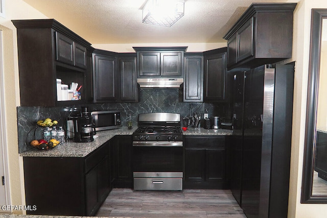 kitchen with decorative backsplash, light stone counters, wood finished floors, stainless steel appliances, and under cabinet range hood