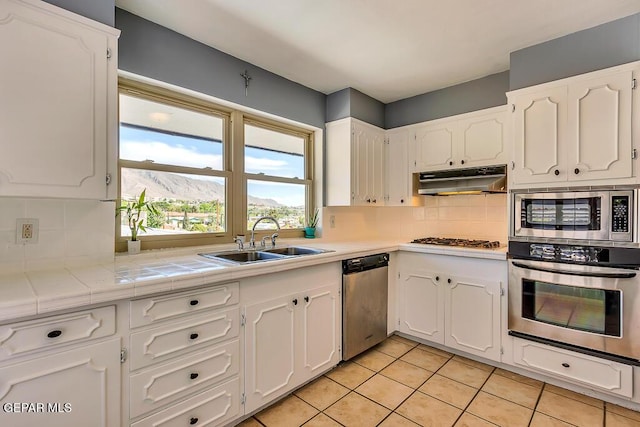 kitchen with under cabinet range hood, a sink, stainless steel appliances, white cabinets, and decorative backsplash